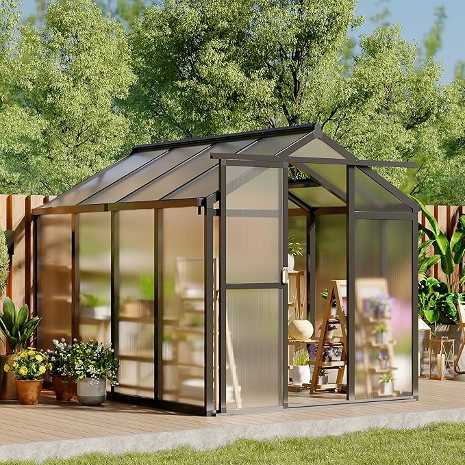 6x8 FT Greenhouse, Easy Assembly Aluminum Polycarbonate Greenhouses for Outdoors with Roof Vent and Ground Nails, Heavy Duty Aluminum Walk-in Greenhouse for Backyard, Sliding Lockable Door, Black