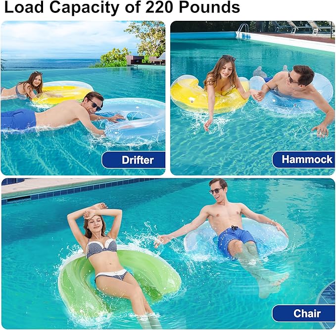 4 Pack Pool Floats Adult, PuppyuWill Minimalist Design Pool Chair Float, 46"X36" Mood-Boosting Colors, Drifter, Chair, Hammock 3-in-1 Inflatable Pool Toys for Pool Party, Lake, River, Sea, Outdoor