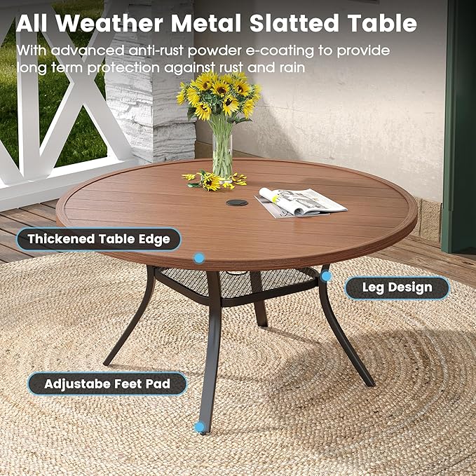 DIFY 7 Pieces Outdoor Patio Dining Set, 6 Brown Textilene Swivel Dining Chairs and 47.2" Walnut Round Dining Table, Metal Outdoor Table and Chairs