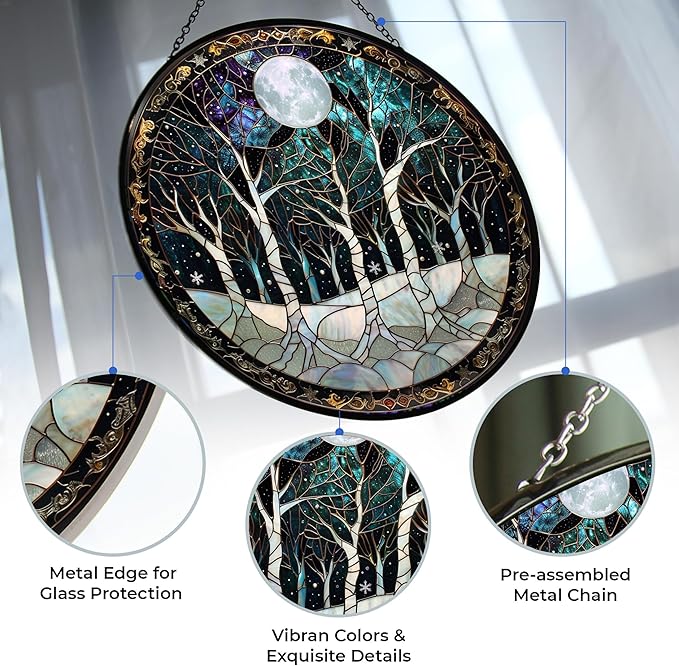 Snow Stained Glass Window Hanging Christmas Tree Winter Snow Night Scenery 6.3" - Suncatcher Door Garden Kitchen Sun Catcher Home Decor Birthday for Mom Men Woman Friend Family