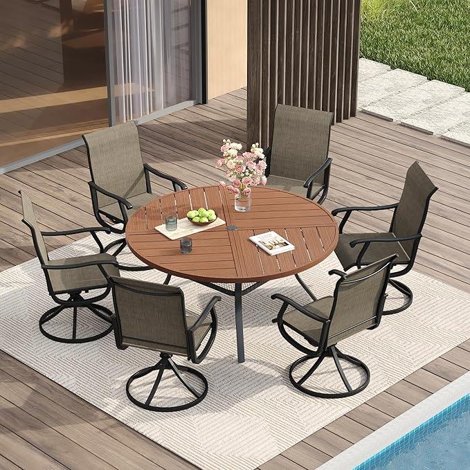VICLLAX 7 Pieces Patio Dining Set for 6, Outdoor Furniture Set Includes 53" Outdoor Round Table and 6 Patio Swivel Chairs for Lawn Garden, Walnut Tabletop and Mixed Brown Fabric