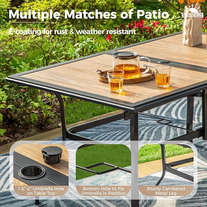 7 Pcs Patio Dining Set for 6, Rectangular Metal Dining Table (PVC Table Top) with Umbrella Hole and 6 Chairs, Outdoor Dining Set for Lawn Garden Deck, Red