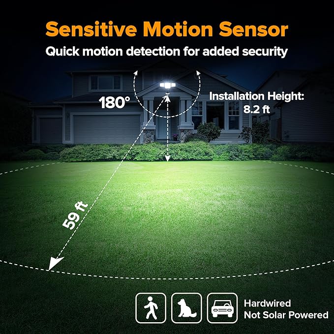 LUTEC 84W 9500LM LED Security Light Hardwire Motion Sensor Outdoor Lights with Night Light, 4 Head LED Flood Lights 5000K Daylight, IP65 Waterproof, Motion Detected Lights for Outside (Black)