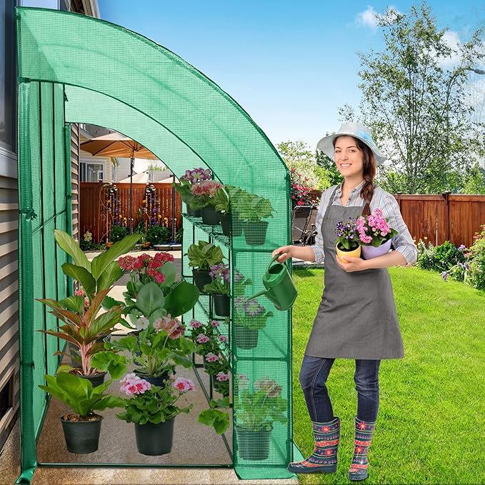 EAGLE PEAK 3 Tier Lean to Portable Greenhouse, Heavy-Duty Indoor & Outdoor Garden with Wire Shelves, 2 Roll-Up Zipper Doors, Easy Assembly, 120"x60"x84" Clear/Green PE Cover