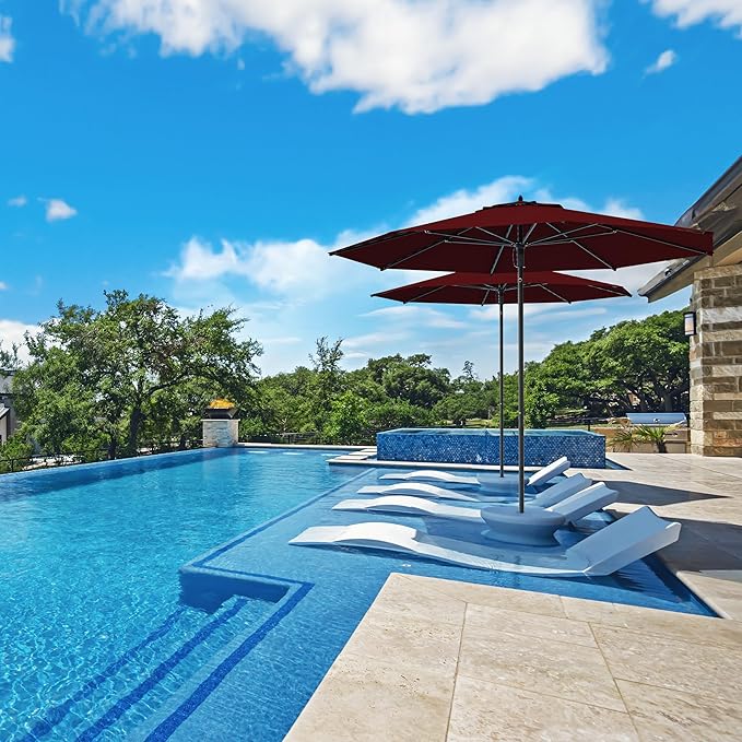 Midtown Umbrellas The Wooden 8 Feet Patio Umbrella With Sunbrella Burgundy Acrylic Fabric - Aluminum Frame Market Umbrella For Backyard, Deck, Garden, Pool - Wooden Pole