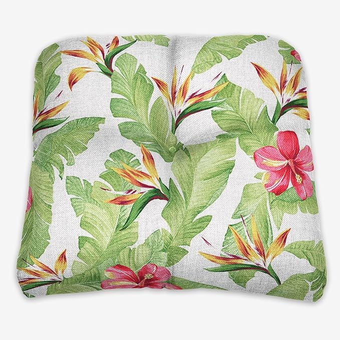 BrylaneHome Tufted Chair Cushion - 18" L x 17" W x 3" H - Patio & Outdoor - Patio & Outdoor - Water, Stain & Fade Resistant - Hibiscus