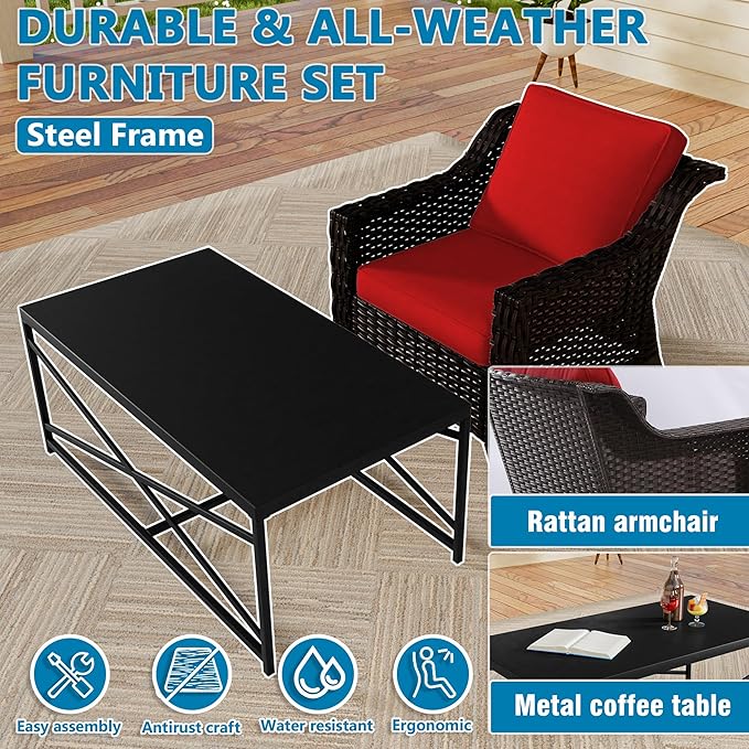 Vista Vibe 3 Pieces Outdoor Patio Conversation Furniture Set - 78" 3-seat Sofa | 2 Wicker Chairs, Deep Seat Loveseat, Removable Cushions, Hand-Woven PE Rattan Couch, Balcony (Brown/Red)