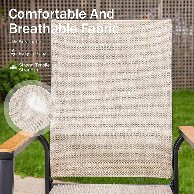 PHI VILLA Outdoor Stackable Chairs, Patio Chairs Set of 4, Light Weight Aluminum Frame with Textilene Fabric & Wood Armrest, High Back Deck Chairs for Poolside Lawn Garden, Beige