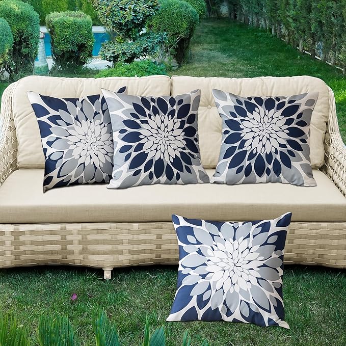 Qahing Pack of 4 Outdoor Waterproof Pillow Covers 24x24 Decorative Outdoor Throw Pillows Garden Square Cushion Cases for Patio Furniture, Couch, Tent Sunbrella, Bench, Navy Blue Grey