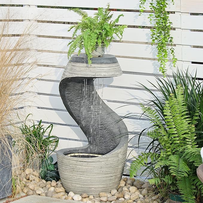 37" Tall S-Shaped Outdoor Waterfall Fountain – Rainfall Water Fountain for Garden, Patio or Backyard Decor, Floor-Standing Resin Garden Fountains Water Feature with Flat Top for Plant Display