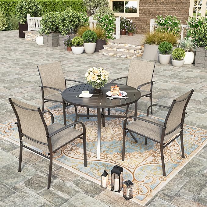HERA'S HOUSE Patio Dining Chairs Set of 8, 36" Textilene Fabric Outdoor Chair with Wrought Iron Metal Frame Support 350lbs for Lawn Garden Backyard Kitchen, Brown