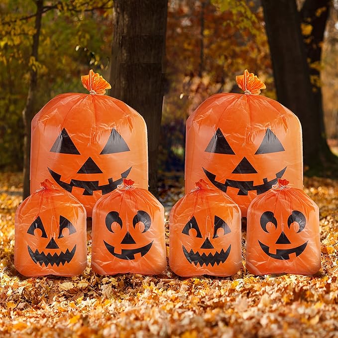 JOYIN 6 Pcs Halloween Pumpkin Leaf Bags, Plastic Lawn Bags for Yard Fall Leaf Halloween Decorations, Jack o' Lantern Reusable Trash Bag for Decor Party Favors, Party Supplies