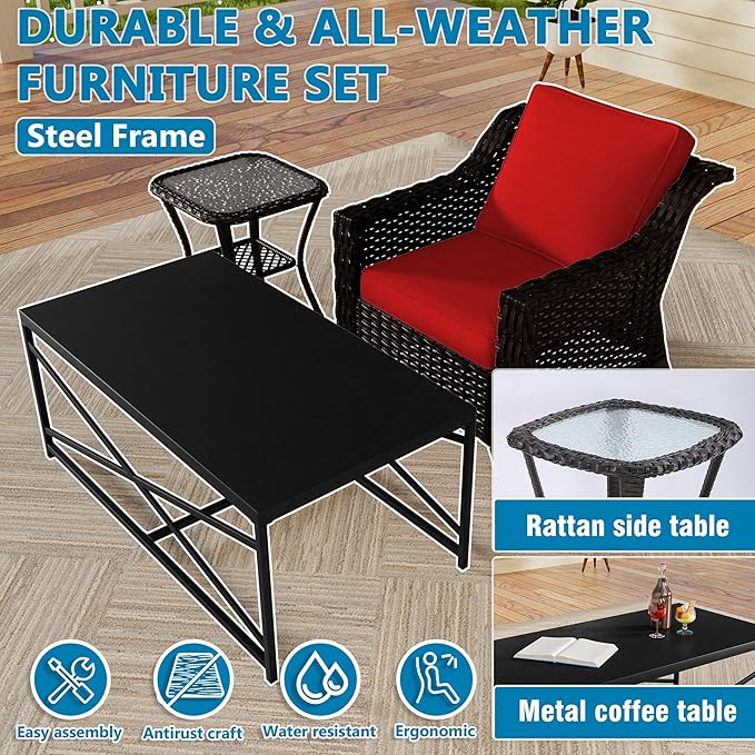 Vista Vibe 6 Pieces Outdoor Rattan Patio Conversation Furniture Set - 360 Degree Swivel Glider Rocker Chairs | Coffee Table | 2 Wicker Chairs, Washable Cushions, Terrace, Sunroom (Brown/Red)