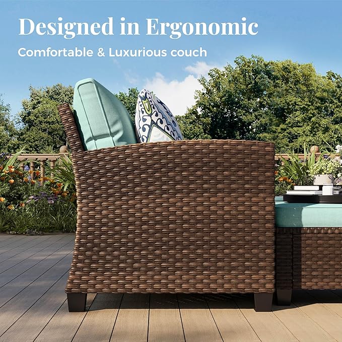 Patio Furniture Set, 8 Pcs Wicker Rattan Outdoor Conversation Set, 4 x Leg Chairs, 1 x 3 Seater Sofa and 2 x Ottoman with 4" Thick Cushion and 56" Fire Pit Table, Blue