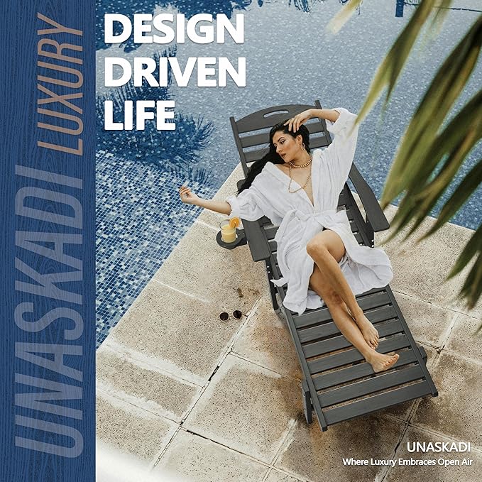 Patio Chaise Lounge Chair, HDPE Outdoor Lounge Chairs with 5-Position Adjustable Backrest, Cup Holder and Wheels, 450lbs Capacity for Poolside Deck Backyard, All Weather Material(Gray)