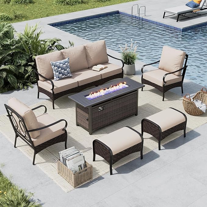 MFSTUDIO 6 PCS Outdoor Patio Furniture Set, Metal Outdoor Conversation Set, Rattan Wicker Patio Sectional Set with 2 x Fixed Single Sofa, 3-Seat Sofa, 2 x Ottoman, 1 x Fire Pit Table, Beige