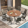 VICLLAX Patio Dining Set for 8, 9 Pieces Outdoor Furniture Includes 60" Round Patio Table with Umbrella Hole and 8 Outdoor Swivel Chairs for Lawn Garden, Walnut Tabletop and Mixed Brown Fabric