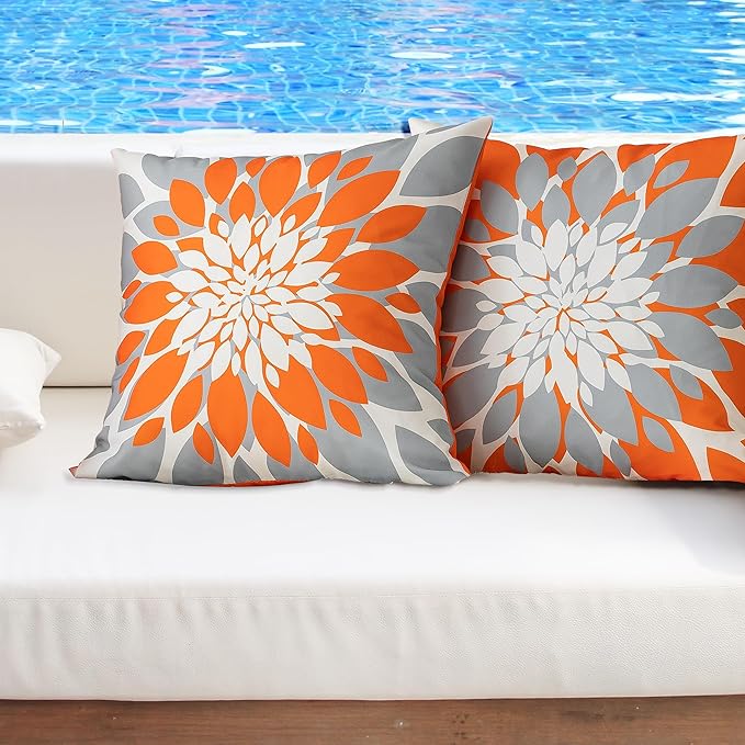 Qahing Pack of 4 Fall Outdoor Waterproof Pillow Covers 20x20 Decorative Outdoor Throw Pillows Garden Square Cushion Cases for Patio Furniture, Couch, Tent Sunbrella, Bench, Orange Grey