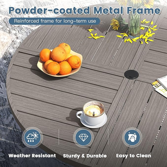 DIFY 59.8" Round Outdoor Patio Dining Table for 8-10, All-Weather Metal Steel Slatted Patio Table with 1.57" Adjustable Umbrella Hole, for Lawn Garden Porch Backyard, Grey Wood-Like