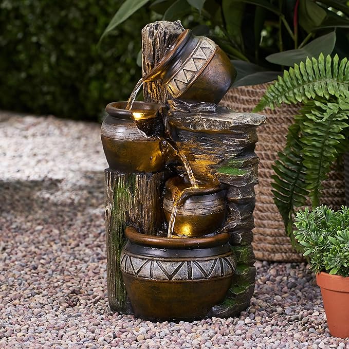 Merax 19.75" High Weather Resistant Floor Fountain with Light, 3 Tier Outdoor Fountain, Stacked Jar Design for Garden Patio Yard, Brown+Gray