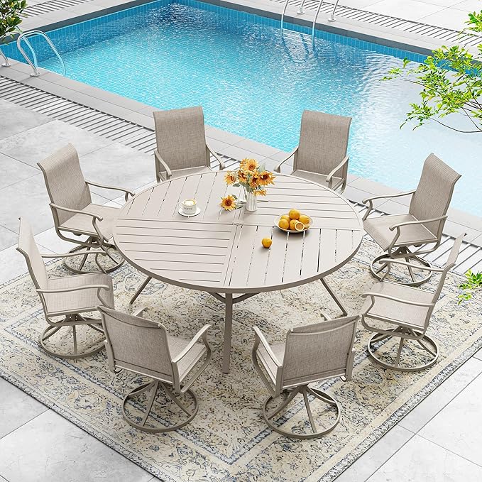 DIFY 59.8" Round Outdoor Patio Dining Table for 8-10, All-Weather Metal Steel Slatted Patio Table with 1.57" Adjustable Umbrella Hole, for Lawn Garden Porch Backyard, Sandshell