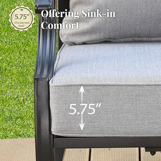 Patio Furniture Set 6 pcs, Outdoor Patio Furniture, 3-Seat Sofa, 2 Rocking Chairs, 2 Ottomans, Coffee Table and 5.75" Extra Thick Cushion, Patio Conversation Set for Backyard Deck,Grey