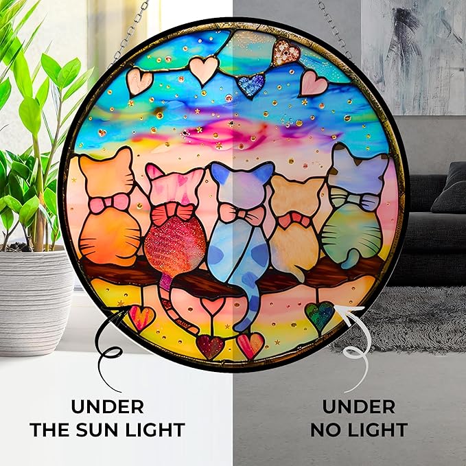 Valentine Stained Glass Window Hanging - 5 Cats on a Branch Suncatcher for Window Doors Home Decoration and Christmas Wall Decor, Mother's Day Birthday Gifts for Women, Mom, Lovers 6.3 in
