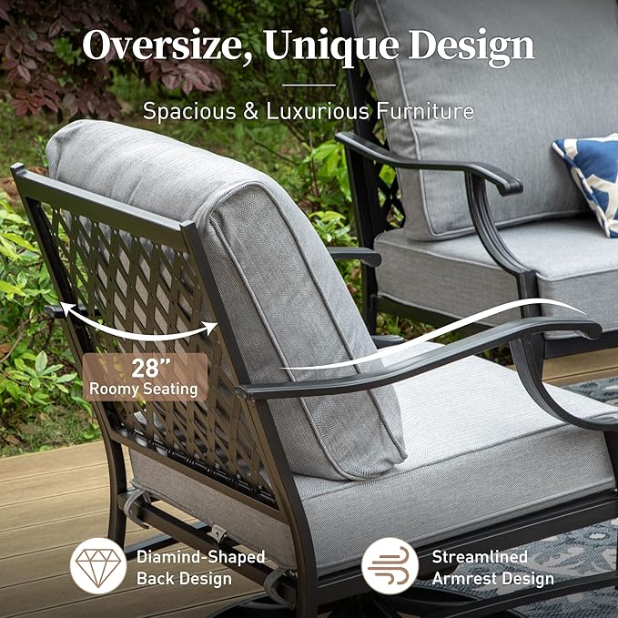 4 Piece Metal Outdoor Patio Furniture Sets, Patio Conversation Sets 1 3-seater Sofa, 2 Fixed Chair with 5.75" Extra Thick Cushion and Coffee Table, Black Frame Backyard Furniture, Gray