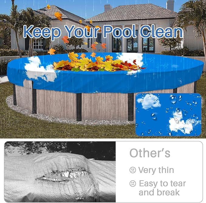 ECOOPTS 9 ft Waterproof Round Polyester Pool Cover for Above Ground Pools, Swimming Pool Cover Protector Winter Safety Cover (Blue Sky)