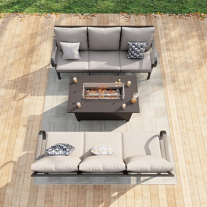 3 Pieces Outdoor Patio Conversation Sets with All Weather Cushions, Metal 2 Three-Seater Sofas, 1 Fire Pit Table for Backyard Deck Porch Poolside, Beige