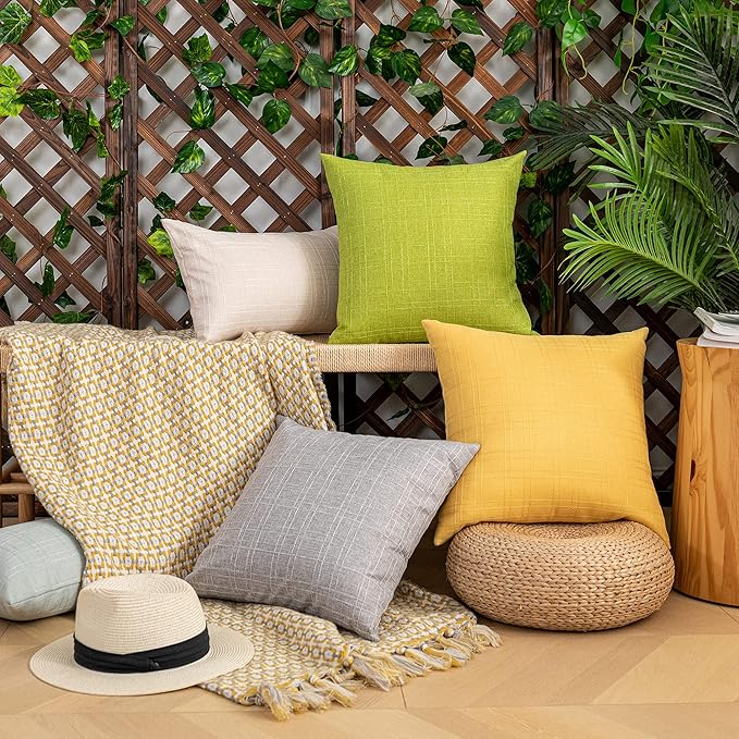 Kevin Textile Pack of 2 Outdoor Waterproof Throw Pillow Covers Spring Decorative Farmhouse Checkered Square Solid Cushion Cases for Patio Garden Porch Sofa Green 18x18 inch