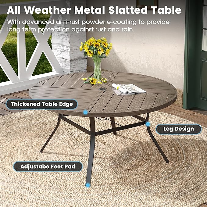 DIFY 7 Pieces Outdoor Patio Dining Set, 6 Grey Textilene Swivel Dining Chairs and 53.1" Grey Wood-Like Round Metal Dining Table, Outdoor Table and Chairs