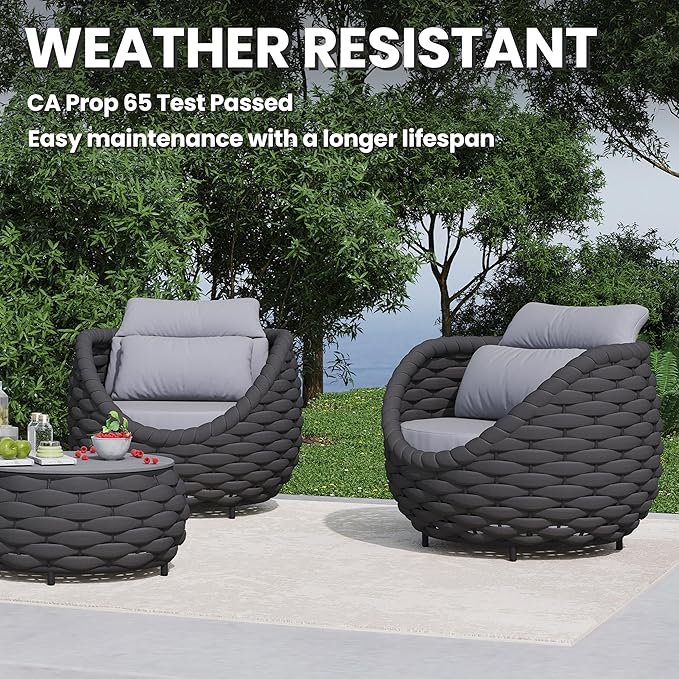 Patio Rope Armchair: Aluminum Woven Accent Chair - Cushioned Lounge Chair with Arms - Modern Garden Chair Assembled - All Weather Outdoor Seating Porch Furniture for 400lbs Deck Balcony Hotel
