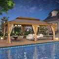 YOLENY 14'x24' Gazebo, Wooden Finish Coated Aluminum Frame Pergola with Double Galvanized Steel Hardtop Roof, Outdoor Permanent Metal Pavilion with Curtains and Nettings for Patio, Backyard and Deck