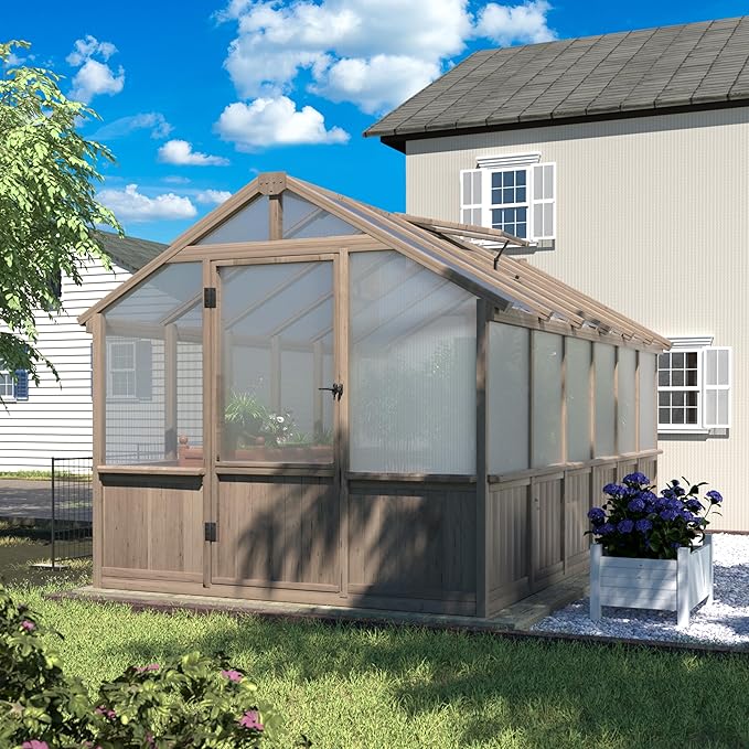 8x12 FT Greenhouse Kit with 6MM Thick Polycarbonate Panel for Outdoor, Wooden Walk-in Green House with Adjustable Roof Vent and Lockable Door, Backyard, Garden, Light Mocha Brown