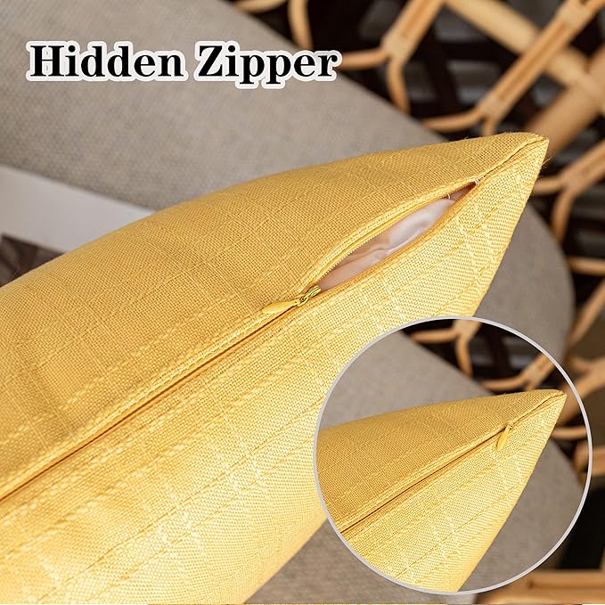Kevin Textile Pack of 2 Decorative Outdoor Waterproof Pillow Covers Square Garden Checkered Cushion Sham Throw Pillowcase Shell for Patio Tent Couch 24x24 Inch Yellow