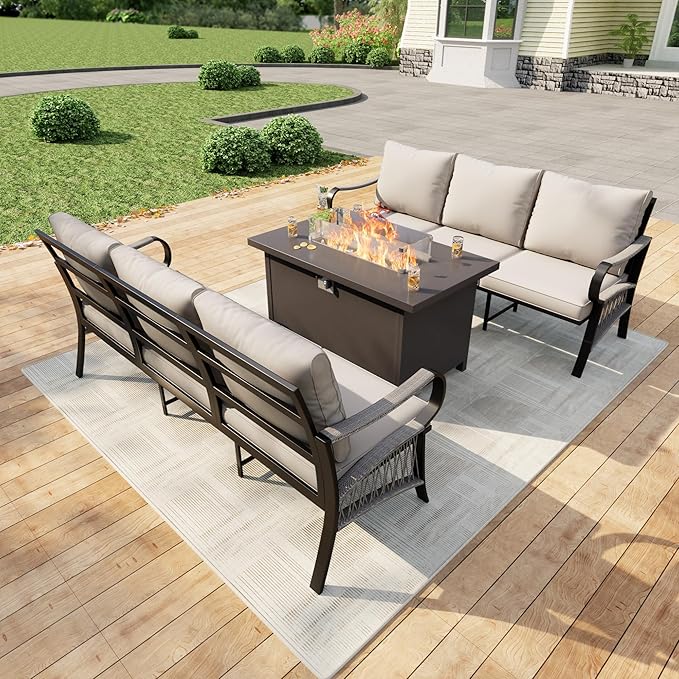 3 Pieces Outdoor Patio Conversation Sets with All Weather Cushions, Metal 2 Three-Seater Sofas, 1 Fire Pit Table for Backyard Deck Porch Poolside, Beige