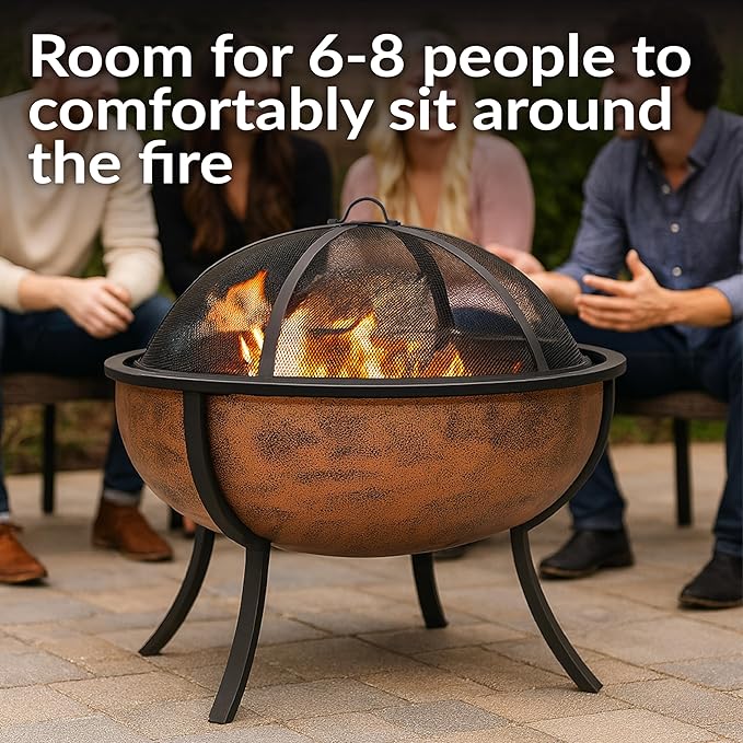 Sunnydaze 32-Inch Copper Fire Pit for Outside - Wood-Burning Fire Pit Bowl with Spark Screen, Wood Grate, and Poker
