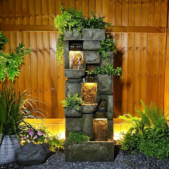 Garden Outdoor Water Fountain, 56.3" H 3-Tiered Imitation Rock Waterfall Fountain with LED Lights and Pumps for Garden, Patio, Backyard, Deck, Porch and Home Art Decor