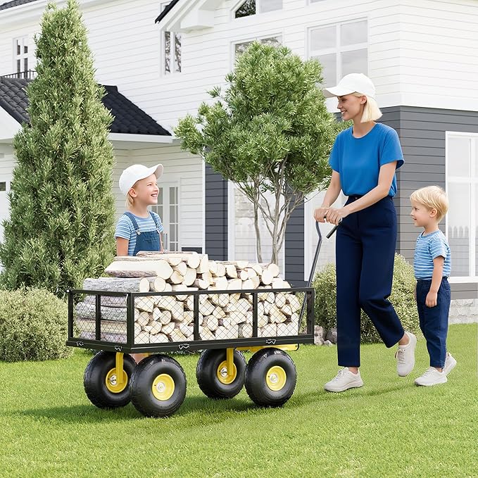 500 Lbs Garden Wagon, 2-in-1 Heavy-Duty Steel Garden Cart, with 10 Inch All-Terrain Tires and Removable Mesh Side Panels, 180° Rotating Handle, Metal Multi-Function Carts, Outdoor Gardens Wagon Cart