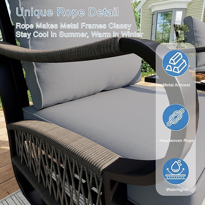 9 Pieces Patio Conversation Sets, All Weather Metal Outdoor Furniture Set, 3-Seater, 2 Swivel Rockers, 2 Single Chairs, 1 Loveseat, 1 Side Tables, 1 Coffee Table, 1 Fire Pit Table for Backyard, Gray