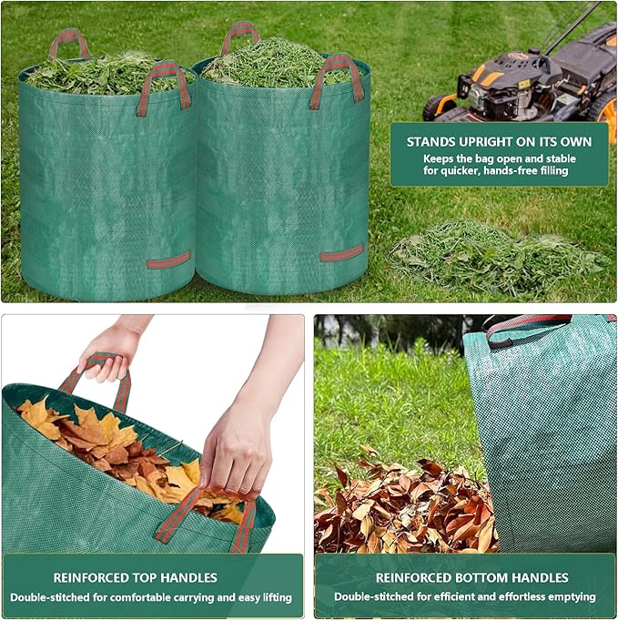Reusable Yard Waste Bags – 3 Pack (2 x 272 Gallons + 1 x 16 Gallons), Heavy Duty Garden Leaf Bags with Reinforced Handles and Gardening Gloves for Lawn Cleanup, Debris, and Recycling