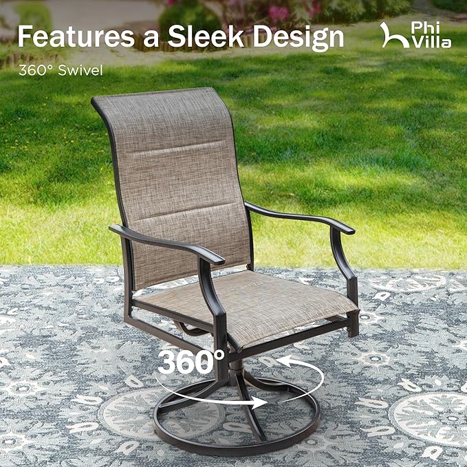PHI VILLA Swivel Patio Dining Chair with 42" High Back, Padded Textilene Deep Seating Outdoor Chairs with Armrest & E-Coating Frame, All Weather-Resistant for Deck Lawn Garden, Set of 2