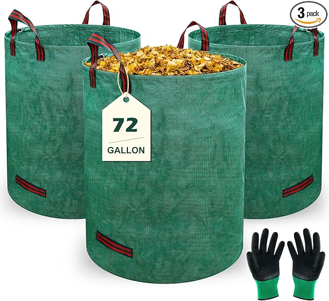 72 Gallons Lawn and Leaf Bags,Reusable Yard Waste Bags with Gardening Gloves,Heavy Duty Garden Bags with 4 Handles for Lawn Care, Camping & Recycling(3 Pack）