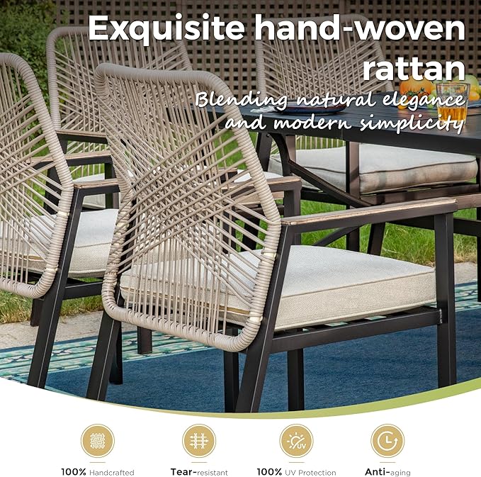 5 Pieces Round Outdoor Dining Set for 4, Patio Dining Set Wicker Rattan Chairs with Soft Cushion and 42" Round Table with Umbrella Hole, Round Patio Table and Chairs for Backyard Porch