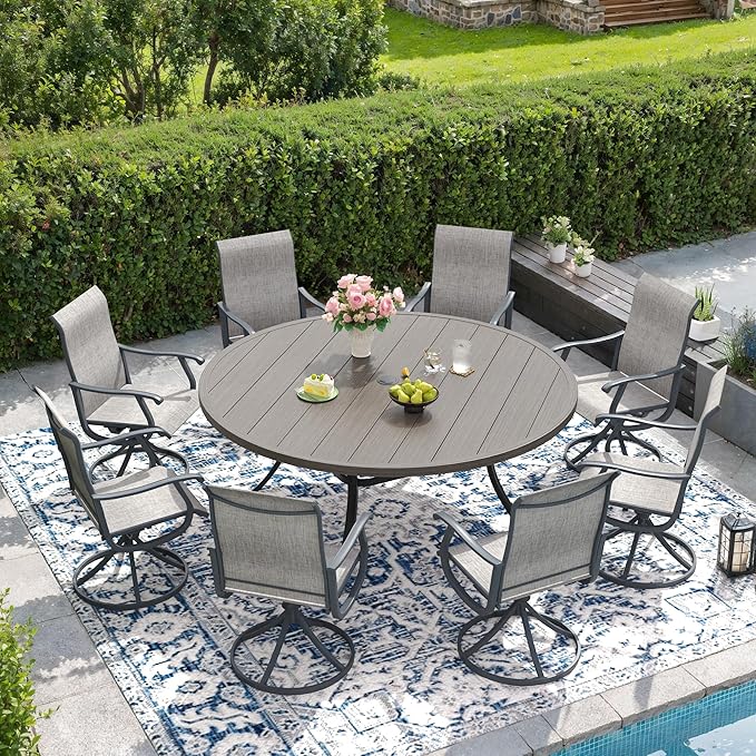 DIFY 9 Pieces Outdoor Patio Dining Set, 8 Grey Textilene Swivel Dining Chairs and 60" Grey Wood-Like Round Metal Dining Table, Outdoor Table and Chairs