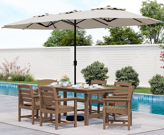 SERWALL 8-Piece Patio Dining Sets with 15FT Double Side Patio Umbrella, Outdoor HDPE Dining Furniture Set with Umbrella Hole Cut-Out Table and 6 Chairs, Brown（Umbreall Base not Included）