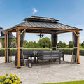 Modern Shade The Horizon Hardtop Gazebo 10' x 14' with 4 LED Lights, Permanent Outdoor Gazebo with Galvanized Steel Double Roof, Grill Pavilion with Decor Hooks, Mosquito Nettings, Wood-Looking