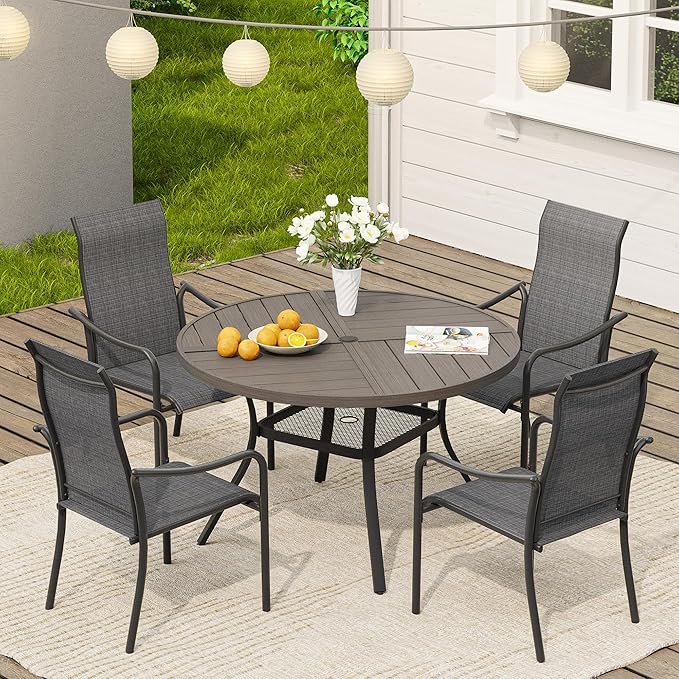 VICLLAX Outdoor Patio Round Dining Table, 40.6"x 40.6" Spliced Metal Tabletop with Storage Shelf for Deck Lawn Garden Backyard, Antique Grey