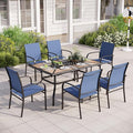 Outdoor Patio Dining Set 7 Piece Furniture Set with 6 Blue Textilene Chairs and Wood-Like Table Top Rectangular Table for Deck Garden Backyard Lawn Poolside